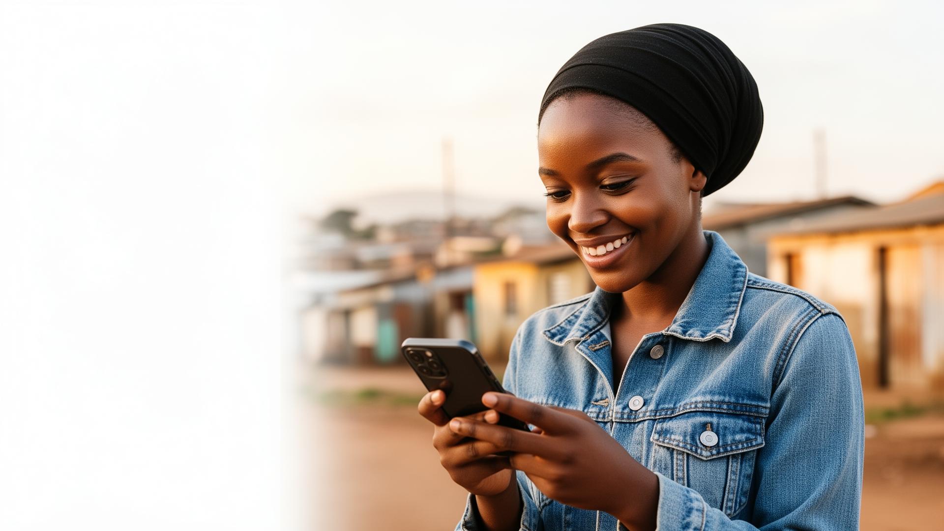 Young African learner using the Madlopha LMS on her phone in a township setting